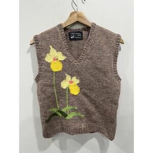 Vintage Flower Floral Sweater Vest Knit brown cowichan
